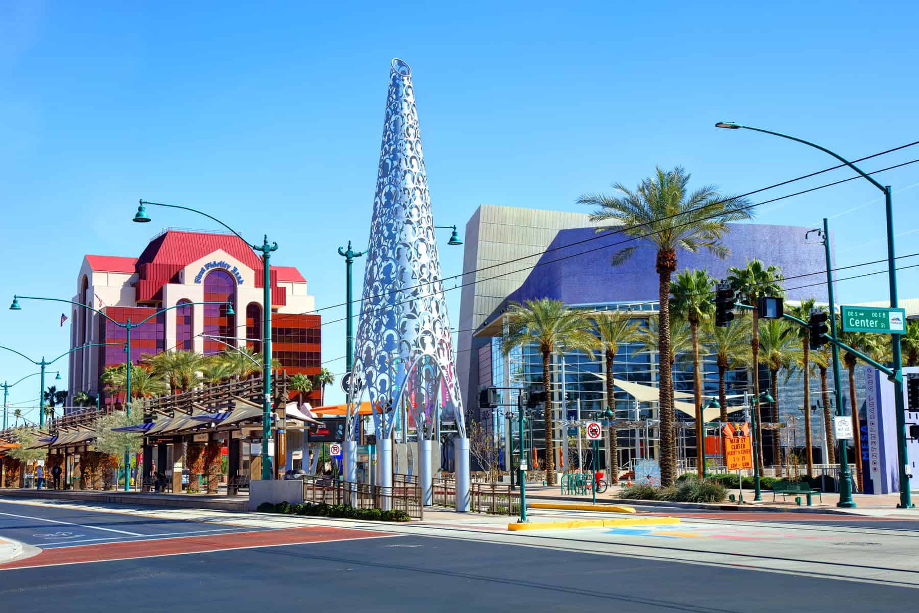 Mesa, Arizona, USA - March 5, 2019: Daytime view of the Mesa Arts Center and Center/Main St station in the heart of the downtown district