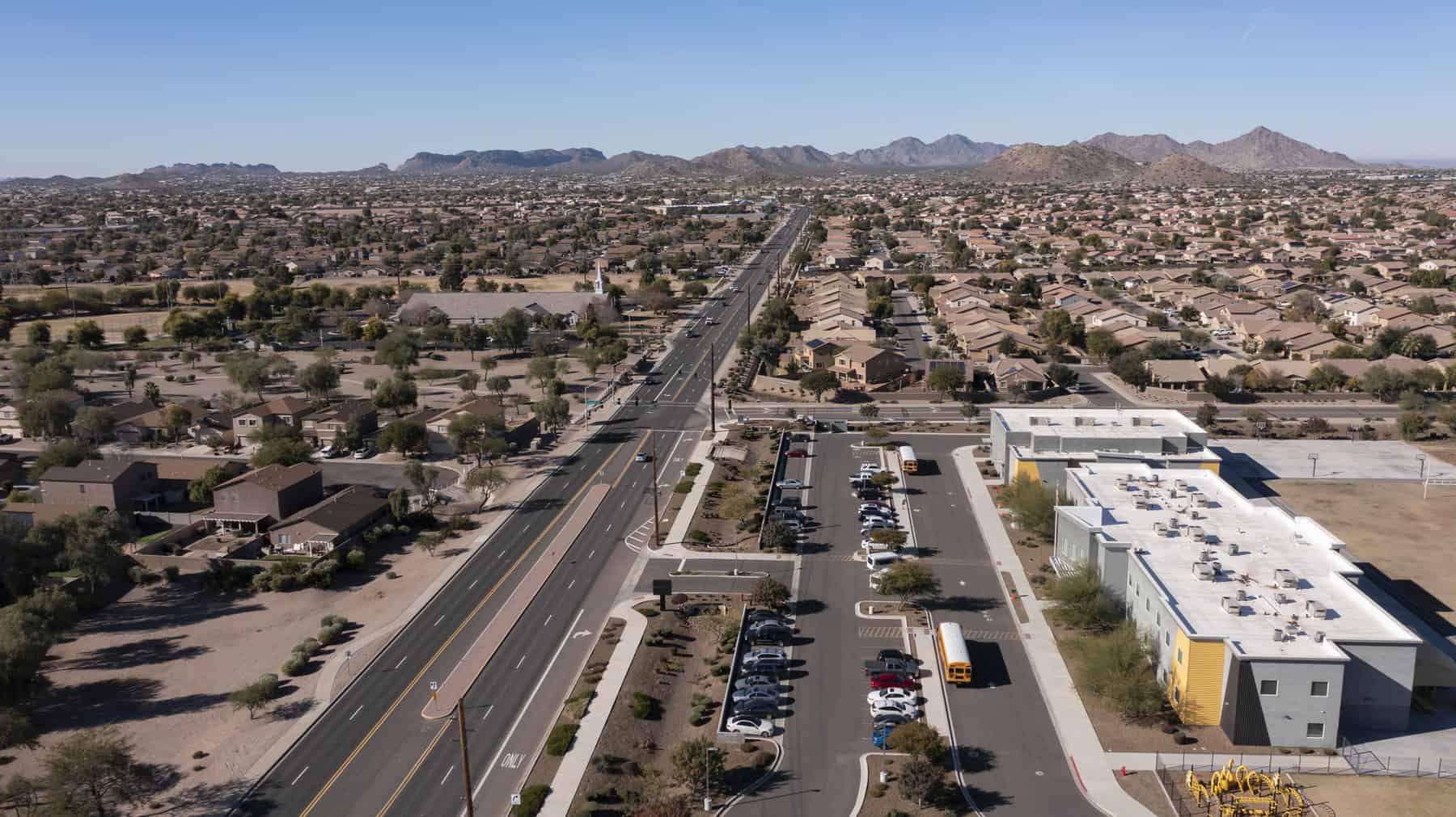 Daytime aerial view of the city of San Tan Valley, Arizona, USA.